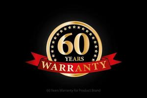 60 years golden warranty logo with ring and red ribbon isolated on black background, vector design for product warranty, guarantee, service, corporate, and your business.