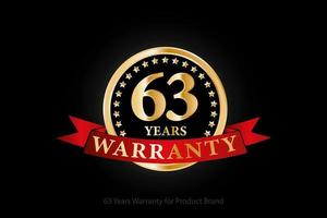 63 years golden warranty logo with ring and red ribbon isolated on black background, vector design for product warranty, guarantee, service, corporate, and your business.