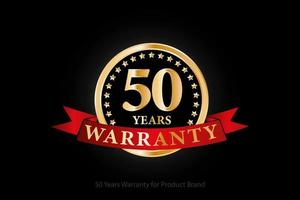 Logotipo de garantía dorada de 50 años con anillo y cinta roja aislado en fondo negro, diseño vectorial para garantía de producto, garantía, servicio, empresa y su negocio. vector