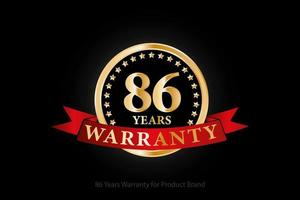 86 years warranty golden logo with ring and red ribbon isolated on black background, vector design for product warranty, guarantee, service, corporate, and your business.