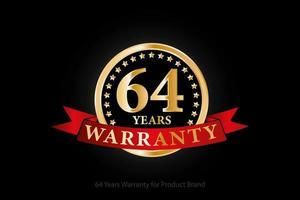 64 years golden warranty logo with ring and red ribbon isolated on black background, vector design for product warranty, guarantee, service, corporate, and your business.