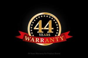 44 years golden warranty logo with ring and red ribbon isolated on black background, vector design for product warranty, guarantee, service, corporate, and your business.