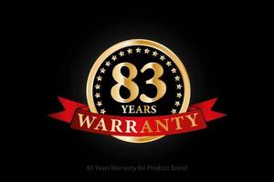 83 years warranty golden logo with ring and red ribbon isolated on black background, vector design for product warranty, guarantee, service, corporate, and your business.