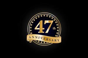 47th Anniversary golden gold logo with ring and gold ribbon isolated on black background, vector design for celebration.