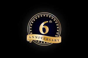 6th Anniversary golden gold logo with ring and gold ribbon isolated on black background, vector design for celebration.