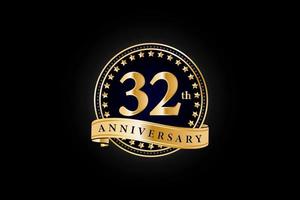 32th Anniversary golden gold logo with ring and gold ribbon isolated on black background, vector design for celebration.