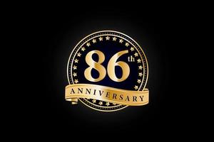 86th Anniversary golden gold logo with ring and gold ribbon isolated on black background, vector design for celebration.