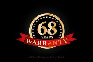 68 years golden warranty logo with ring and red ribbon isolated on black background, vector design for product warranty, guarantee, service, corporate, and your business.