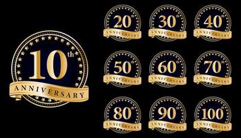 set 10 to 100 golden anniversary gold logo with gold ring and ribbon isolated on black background, vector design for celebration.