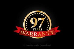 97 years warranty golden logo with ring and red ribbon isolated on black background, vector design for product warranty, guarantee, service, corporate, and your business.