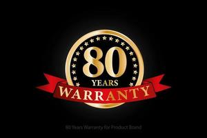 80 years warranty golden logo with ring and red ribbon isolated on black background, vector design for product warranty, guarantee, service, corporate, and your business.