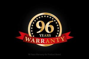 96 years warranty golden logo with ring and red ribbon isolated on black background, vector design for product warranty, guarantee, service, corporate, and your business.