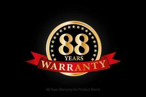88 years warranty golden logo with ring and red ribbon isolated on black background, vector design for product warranty, guarantee, service, corporate, and your business.