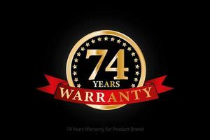 74 years warranty golden logo with ring and red ribbon isolated on black background, vector design for product warranty, guarantee, service, corporate, and your business.