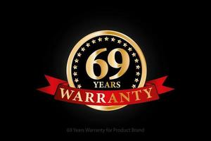 69 years golden warranty logo with ring and red ribbon isolated on black background, vector design for product warranty, guarantee, service, corporate, and your business.