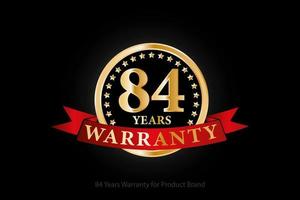 84 years warranty golden logo with ring and red ribbon isolated on black background, vector design for product warranty, guarantee, service, corporate, and your business.