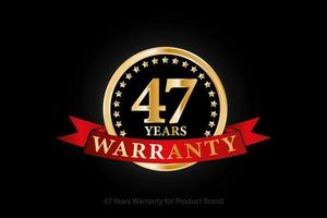 47 years golden warranty logo with ring and red ribbon isolated on black background, vector design for product warranty, guarantee, service, corporate, and your business.