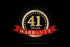 41 years golden warranty logo with ring and red ribbon isolated on black background, vector design for product warranty, guarantee, service, corporate, and your business.