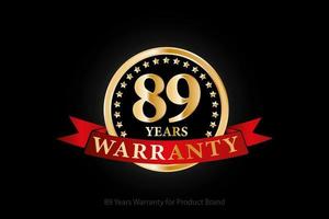 89 years warranty golden logo with ring and red ribbon isolated on black background, vector design for product warranty, guarantee, service, corporate, and your business.