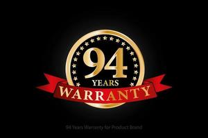 94 years warranty golden logo with ring and red ribbon isolated on black background, vector design for product warranty, guarantee, service, corporate, and your business.