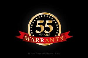 55 years golden warranty logo with ring and red ribbon isolated on black background, vector design for product warranty, guarantee, service, corporate, and your business.