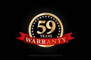 59 years golden warranty logo with ring and red ribbon isolated on black background, vector design for product warranty, guarantee, service, corporate, and your business.