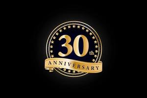 30th Anniversary golden gold logo with ring and gold ribbon isolated on black background, vector design for celebration.