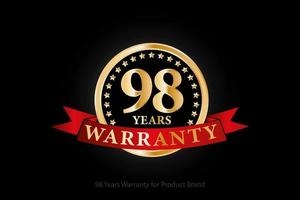 98 years warranty golden logo with ring and red ribbon isolated on black background, vector design for product warranty, guarantee, service, corporate, and your business.