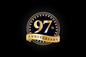 97th Anniversary golden gold logo with ring and gold ribbon isolated on black background, vector design for celebration.