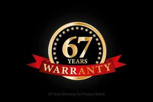 67 years golden warranty logo with ring and red ribbon isolated on black background, vector design for product warranty, guarantee, service, corporate, and your business.