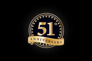51th Anniversary golden gold logo with ring and gold ribbon isolated on black background, vector design for celebration.