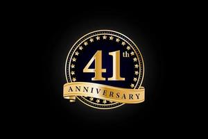 41th Anniversary golden gold logo with ring and gold ribbon isolated on black background, vector design for celebration.