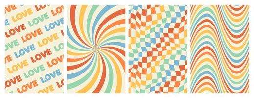 Groovy rainbow backgrounds. Checkerboard, chessboard, mesh, waves, swirl, twirl pattern. vector