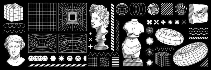 Retro futuristic set. Modern sculpture, surreal geometric shape, wireframe, techno element and grid.