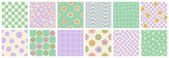 Groovy seamless patterns with funny happy daisy, wave, chess, rainbow in trendy retro y2k style. vector