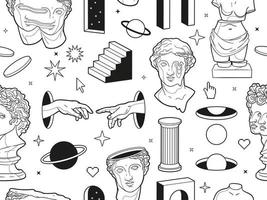 Greek ancient statues and surreal elements in trendy psychedelic style. Seamless vector pattern.