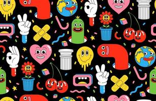 Cartoon characters background. Seamless pattern with funny stickers and patches in trendy retro cartoon style. vector