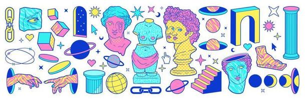 Psychedelic sticker pack with colorful greek statues, ancient sculpture, column and surreal elements. vector