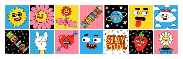 Funny cartoon characters. Sticker pack, square posters, prints in trendy retro cartoon style. vector