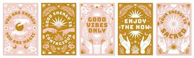 Boho mystical posters with inspirational quotes about energy, magic and good vibes in trendy bohemian style. vector