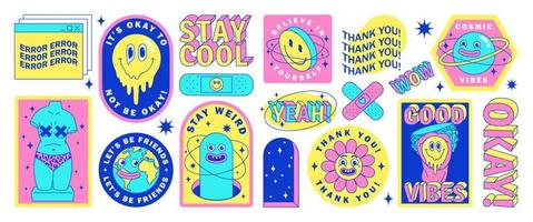 Sticker pack of funny cartoon characters, greek statues, emoji, Earth, planet and elements in psychedelic weird style. vector