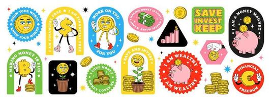 Financial sticker pack with funny cartoon abstract characters, inspirational  quotes about money, finance, investment. 12497684 Vector Art at Vecteezy