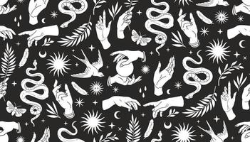 Boho mystical seamless pattern with hands, snakes, moon, sun, bird, moth and floral elements in trendy tattoo style. vector