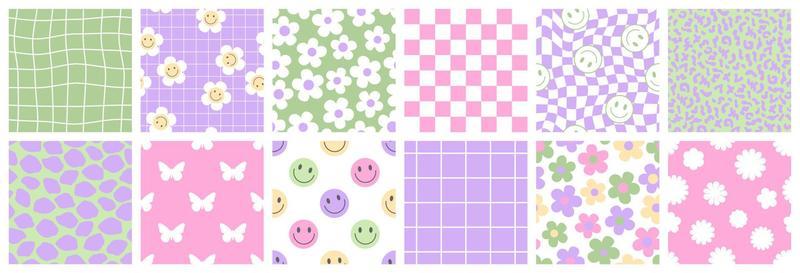 Y2k seamless patterns with butterfly, daisy, wave, chess, mesh, smile in trendy retro 2000s style.