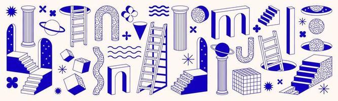 Surreal geometric shapes. Abstract vector elements and signs in trendy minimal outline style. Arch, stairs, column etc.