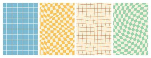 Groovy hippie 70s backgrounds. Checkerboard, chessboard, mesh, waves patterns in trendy retro style. vector