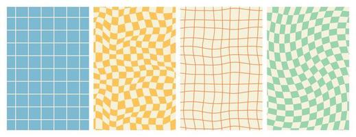 Groovy hippie 70s backgrounds. Checkerboard, chessboard, mesh, waves patterns in trendy retro style. vector