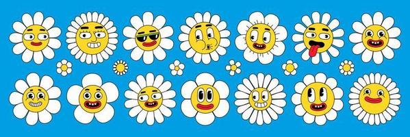 Groovy flower characters. Funny daisy with smile. Sticker pack in trendy retro cartoon hippie style. vector