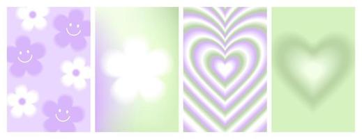 Y2k blurred gragient posters. Heart, daisy, flower in trendy 90s, 00s psychedelic style. vector