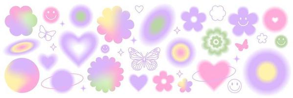 Y2k blurred gragient set. Butterfly, heart, daisy, abstract shape in 90s, 00s psychedelic style. vector